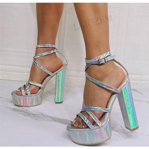 SEIIHEM Women Platform Sandals Multi Silver Thick High Heels Pumps Strappy Party Prom Female Shoes Women Plus Size 41 42 46 52