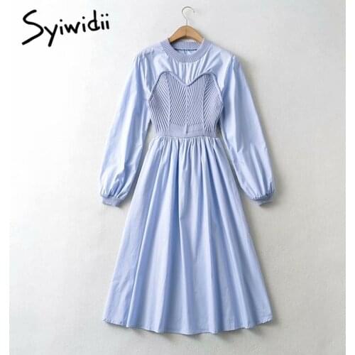 Syiwidii Vintage Knit Patchwork Midi Dress for Women Cotton Puff Long Sleeve Fall 2021 New Dresses with Slash Black White Blue