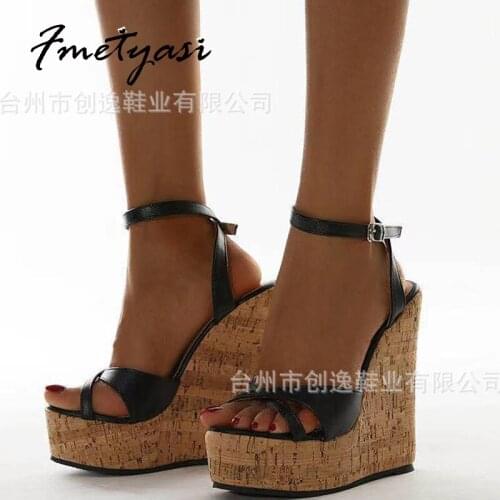High-Heeled Sandals Women 2021 Summer Platform Classic Wood Grain Sturdy Sole Peep Toe Wedge heel for Woman Ankle Strap Roman