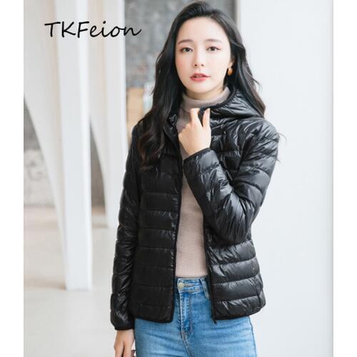 Women Crop Jacket Light Thin 2019 Spring Autumn Ladies Short Slim Coat 90% White Duck Down Filler Female Fall Basic Hooded Coats