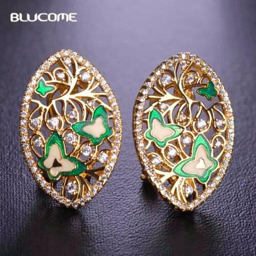Blucome Luxurious Oval Stud Earring Gold Color Zircon Copper Bridal Women Jewelry Enamel Butterfly Flower French Hooks Earrings