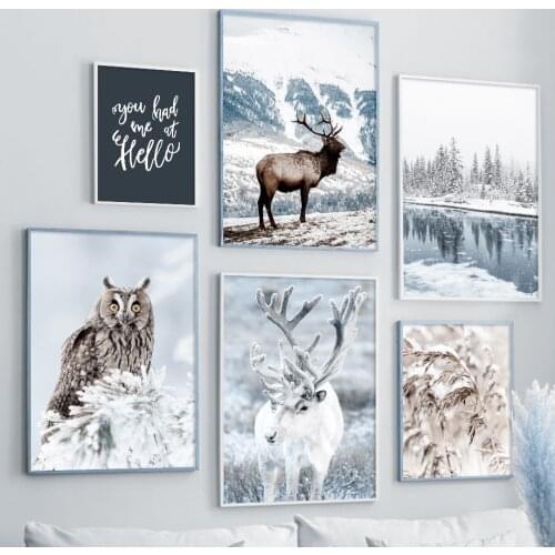 Winter Snow Mountain Deer Owl Forest River Wall Art Canvas Painting Nordic Posters & Prints Wall Pictures For Living Room Decor