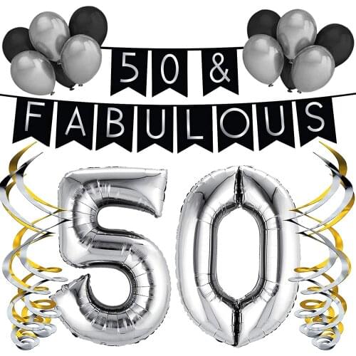 40/50 & Fabulous Party Pack Black & Silver Happy Birthday Bunting Balloon and Swirls Pack 40th 50th Birthday Party Supplies