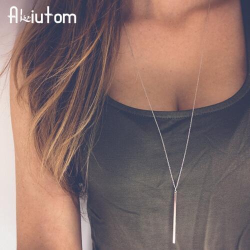ALIUTOM Simple Stick Pendant Necklace Hollow Girl Long Link Chain Square Copper Necklaces long Strip Jewelry for women