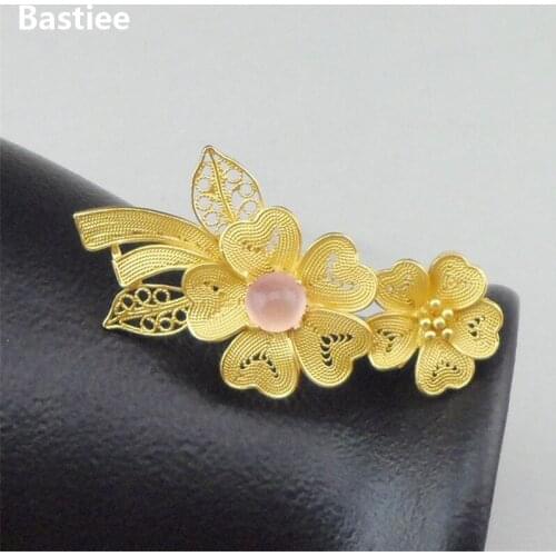 Bastiee Pink Beads Flower 999 Sterling Silver Hmong Hair Fork For Women Golden Plated Luxury Hair Stick Miao Jewelry