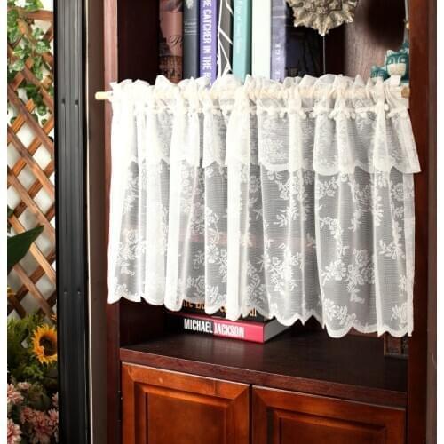 White Lace Curtain with Pompom Two Layers Rose Flower Short Kitchen Curtain Cabinet Curtain