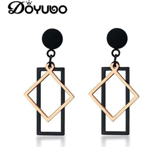 DOYUBO European Brand Design Lady Black Retangle Drop Earrings With Rose Gold Rhombus Fashion Acrylic Earrings Accessories DB032