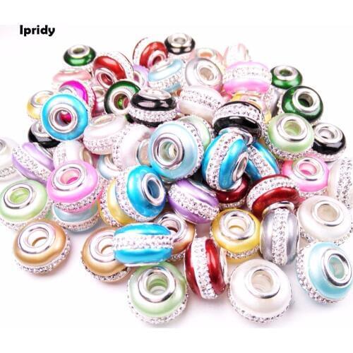 5Pcs/lot Free Shopping Large Hole Glass European Beads with Brass Core and Rhinestones Rondelle 16x11mm hole:5mm Pearl effect
