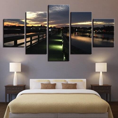 HD Canvas Art Painting For Living Room Wall Decor 5 Pieces Color Rolled City of Night Landscape Print Poster Pictures