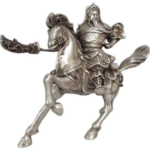 Chinese Collectable Tibet Silver Warrior God Guan Yu & Horse Statue