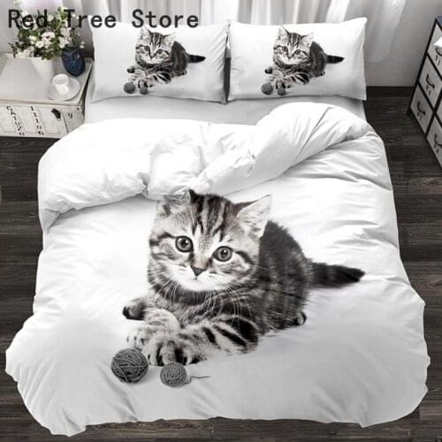 Cute Cat Custom Bedding Set 3D Animal Kitten Quilt Cover Pillowcase 2/3pcs Twin Full Size Kids Designer White Duvet Cover Sets