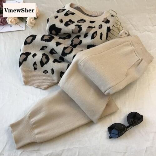 VmewSher Leopard Print Sweater Sets Women Tracksuit Spring Autumn Knitted Suits Casual 2 Piece Set O Neck Pullover Jogger Pants