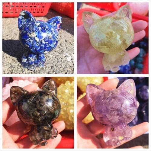 Handmade Crystal Gravel Cat Natural Lapis Lazuli Quartz Chips Labradorite Gemstone kitten Healing Love Gift