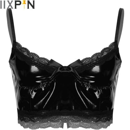 Mens Sexy Lingerie Sissy Vest Tops Patent Leather Punk Gothic Nightwear Lace Trim Bowknot Crop Top for Club Stage Performance