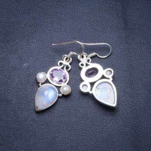 Natural Rainbow Moonstone,Amethyst River Pearl Handmade Unique 925 Sterling Silver Earrings 1.75" X4497
