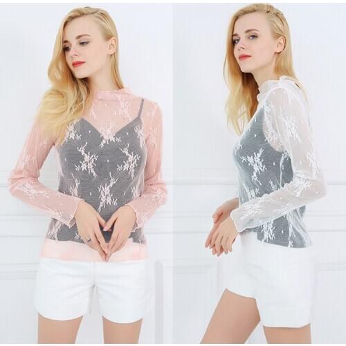 2020 New Women Sexy Harajuku Lace Mesh Tops Net See Through T Shirt Summer fashion long sleeve slim Cutout bottoming shirt