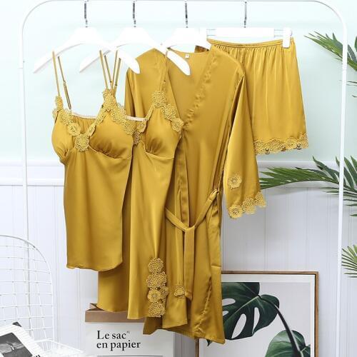 Spring New Pajamas Woman Sexy Ice Silk 4 Pcs Set Long Sleeve With Chest Pad Pajama Set