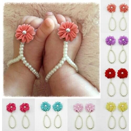 Infant Kids Anklet Baby Girl Sole Crib Barefoot Ring Flower Pearl Shoes Sandals Newborn Foot decoration