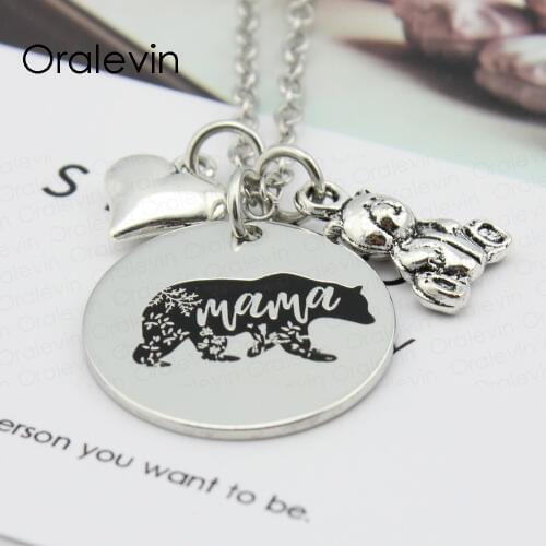 Mama bear Necklace Family Inspirational Hand Stamped Engraved Necklace Charm Round Pendant Chain Necklace Jewelry Mother Gift