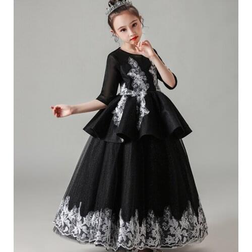 Flower Girl Dresses Illusion Embroidery O-Neck Half Princess Floor-Length Lace Tulle Luxury Black Vintage Kids Party Gown H316