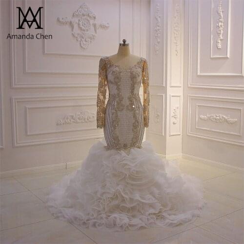 Robe de mariee sirene Long Sleeve Rhinestone Crystal Luxury Mermaid 2 in 1 Wedding Dress