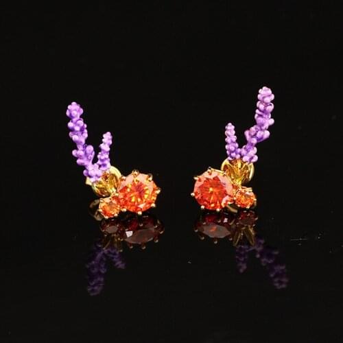 European and American Fashion Trend Temperament Forest Plant Breath New Listing Enamel Glaze Lavender Earrings Stud Earrings
