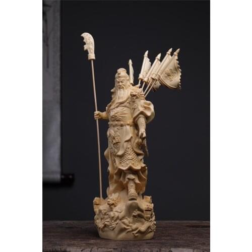 XS311-Boxwood 20-30CM Guanyu Sculpture Three Kingdoms Wood Carving Statue Wealth God Five Flags Guan Gong Feng Shui