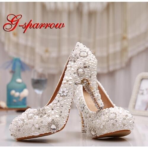3" Comfortable Heel White Pearl Wedding Shoes Genuine Leather True Size Party Prom High Heels Crystal Bridesmaid Shoes Size 43
