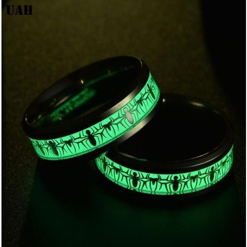UAH Glowing Luminous Spider Rings Men Stainless Steel Glow in the Dark Fluorescent Ring Women Wedding Aneis Fashion Jewelry