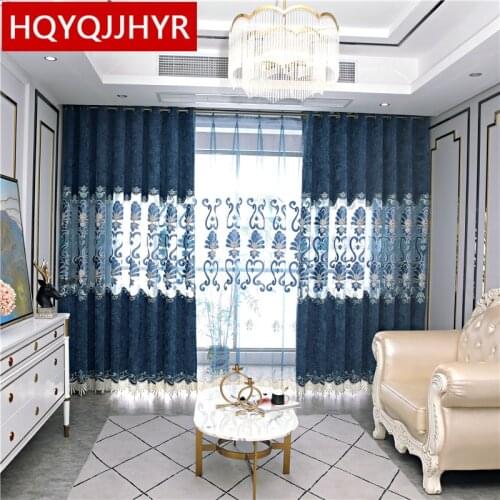 Navy blue luxury embroidered living room curtains high quality decorative elegant curtains for bedroom apartment villas
