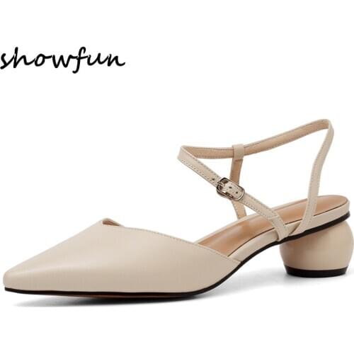 Womens genuine leather ball heel pointed toe slip-on pumps low heel comfortable elegant ladies slim dress summer sandals shoes