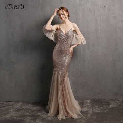Tulle Sleeves Evening Dress Glitter Sequins Party Dress Sexy V-neck Mermaid Dress Cold Shoulder Formal Prom Dress YNY-18272