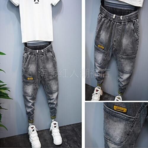 Spring and summer 2021 teenagers thin mens jeans trend Harlan casual pants spirit guy boys tie small feet ankle length pants
