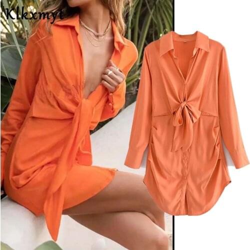 Za Women 2021 Short Woman Dresses Summer V Neck Long Sleeve Casual Womens Dresses Knot Button-up Female Party Mini Dress