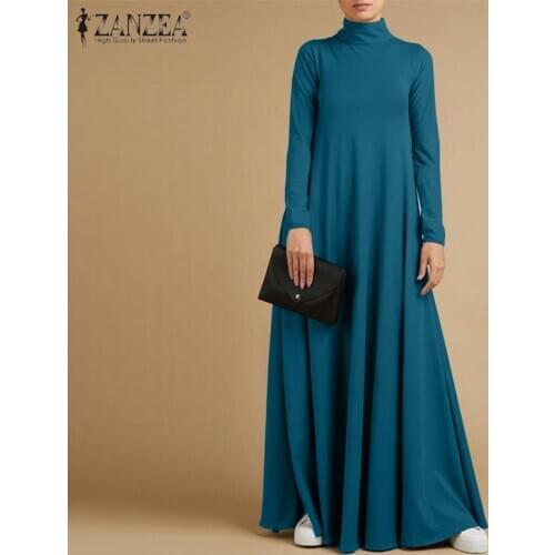 ZANZEA Autumn Turtleneck Long Sleeve Kaftan Elegant Solid Casual Sundress Robe Women Fashion Maxi Long Dress Party Vestidos