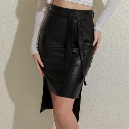 2021 Womens Bodycon Skirts Black Sexy Ladies Solid PU Leather Slim Skirts High Waist Pack Hip Skirts Split Fork High Quality