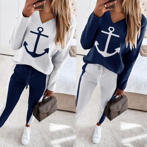 Women Jumpsuits Summer Autumn Print Anchors Oversize V-Neck Sweatshirt+Pants Loose Two Piece Outfit Casual Chic Tracksuit C2964
