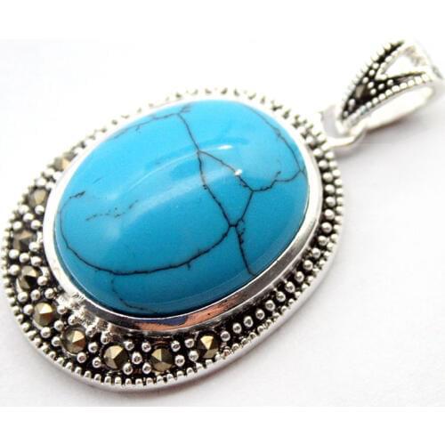 Ladys Elegant Natural oval 30*20mm blue Turquoise 925 Sterling Silver Marcasite Pendant