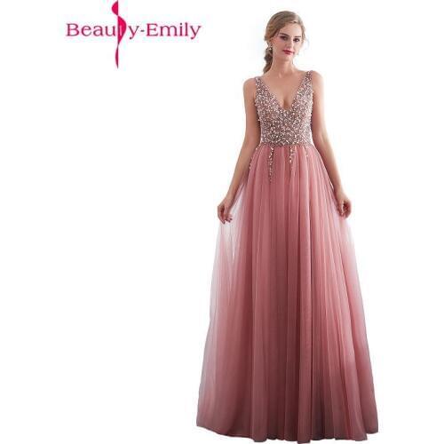 Beauty Emily Beads Lace Formal Evening Dresses 2019 long Plus Size A-Line Evening Party Dresses Floor-Length Prom Dress Elegant
