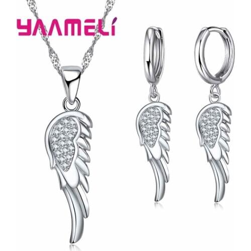 Angle Wing 925 Sterling Silver Pendants Necklace Dangle Earrings Set For Wedding Women CZ Zircon Engagement Jewelry Sets
