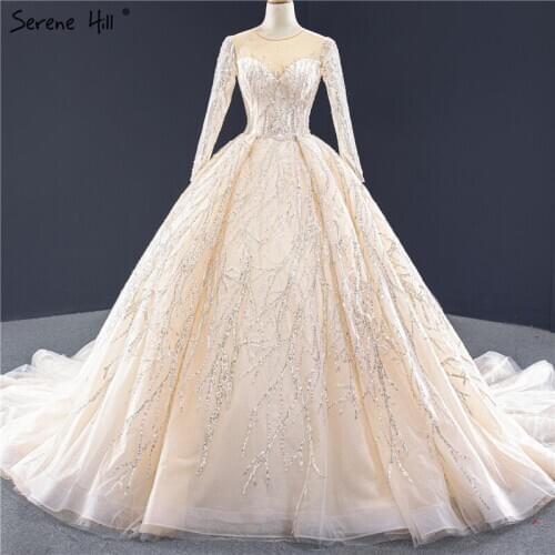 Serene Hill Champagne Luxury Long Sleeves O-Neck Wedding Dress 2020 O-Neck Beading Sequins Bridal Gown Custom Made CHM67060