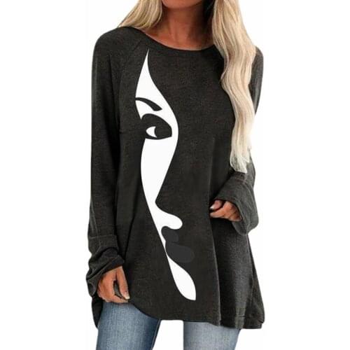 2021 Womens Loose Pullovers Long Tops Ladies Tee Casual Abstract Face Print Shirts Long Sleeve Top Fashion T Shirt S-5XL Black