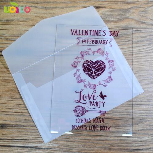 5pcs free design colorful printing wedding favor acrylic invitation for sale with transparent envelop