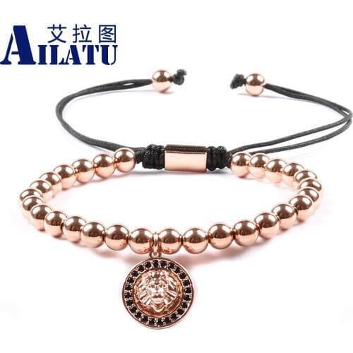Ailatu Micro Paved Cubic Zirconia Animal Head Coin Charm with 6mm Copper Beads Hand-knitted Bracelet