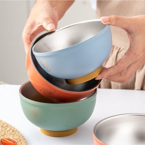 Antibacterial Stainless Steel Bowl Color Household Rice Bowl Double Layer Anti Scalding Adult Childrens Tableware eco friendly