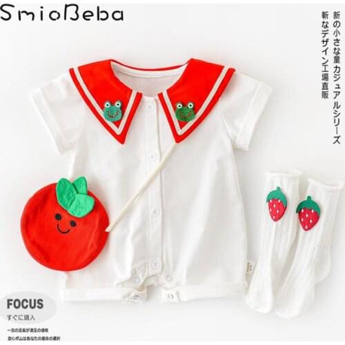 Baby White Background And Red Collar Rompers W/ Bag Newborn Kids Cute Big Lapel Frog Embroidery Jumpsuits Pajacyki Dla Niemowlat