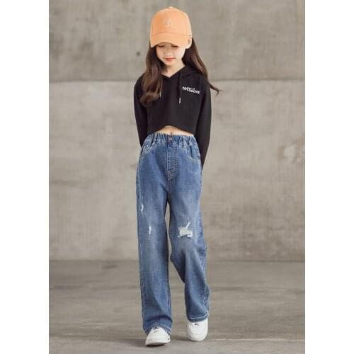 New Girls Jeans Spring Autumn Fashion Hole Straight Style Pants For Girl 3-12 Yeas Children Clothes Kids Home Casual Clothing