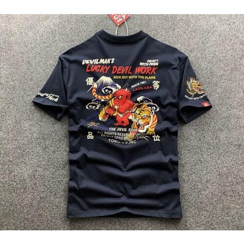 Japanese Dragon Tiger Tattoo Pattern Short Sleeve T-shirt Men Casual Cotton Biker T shirts Devil Print Rock Tops Tees Shirt