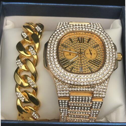 Men Luxury Gold Hip Hop Jewelry Stylish Watch Necklace Combo Set Men Ice Out Cuban Watch Men Rock Gold Chain Necklace For Men