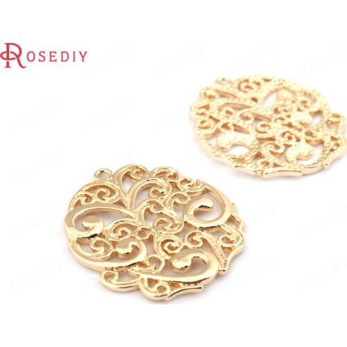 33177-G)6PCS 26x27MM 24K Champagne Gold Color Brass Round Flower Vine Pendants Connect Charms Jewelry Making Supplies